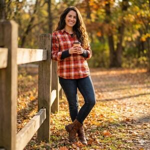 Lands End Shirt Womens 22W Red Orange Flannel Plaid Relaxed Flowy Classic Blouse